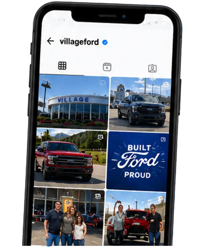 A smartphone screen displaying the Instagram profile villageford with multiple photos of Ford vehicles and people.